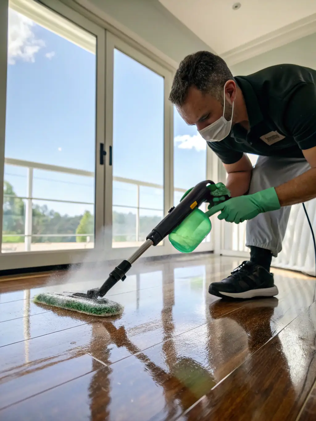 A technician using a microfiber cloth to clean a vinyl floor with the All-Purpose Vinyl Maintenance Solution, showcasing its gentle yet effective cleaning action.